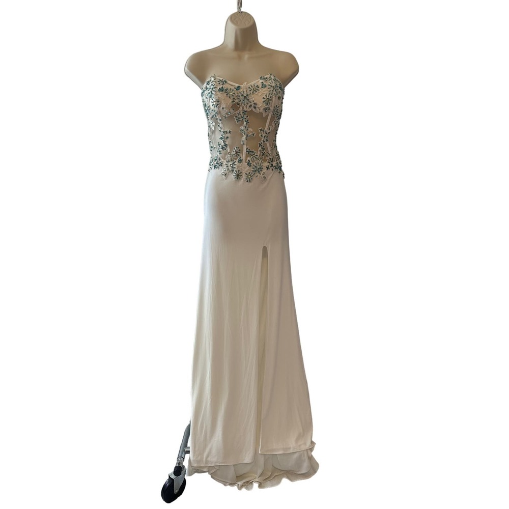 Beaded Illusion Bodice Strapless Gown Off White Teal Floral Sequin Prom Dress